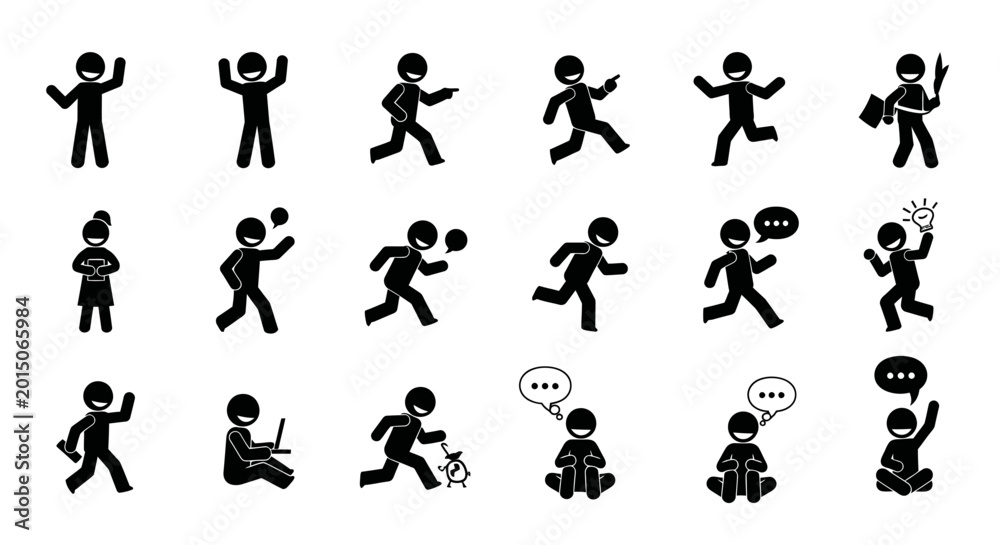 Fototapeta premium Stick Figure Icon Set: Diverse Actions, Poses, and Concepts
