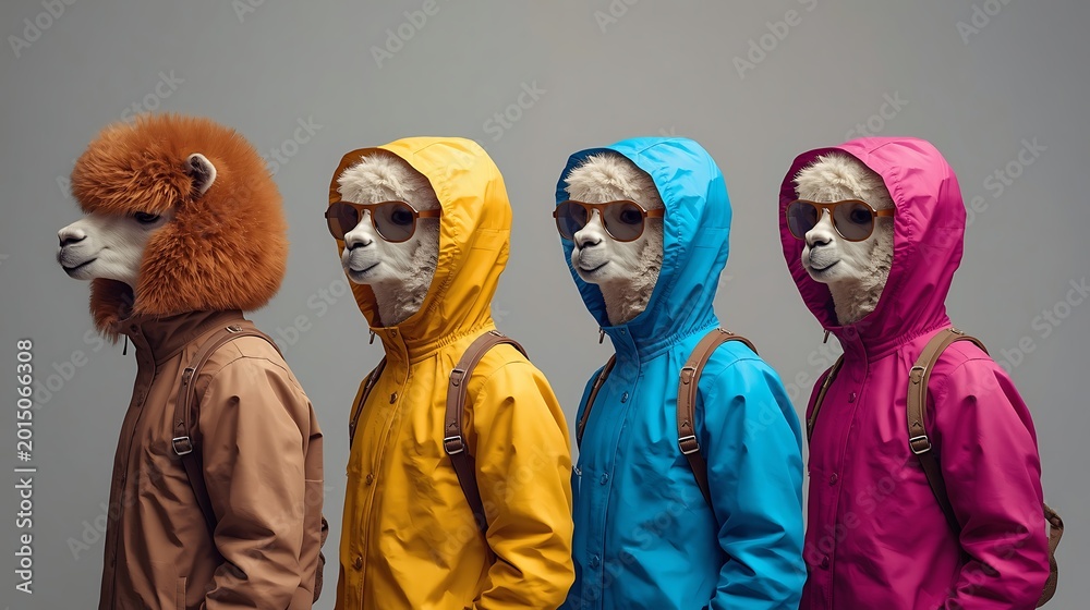 Obraz premium Group of trendy llamas wearing colorful raincoats, sunglasses, and backpacks, standing in a row on a gray background, fashion animal photography.