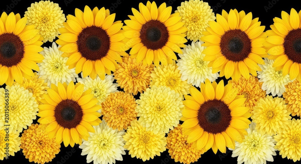 Fototapeta premium Seamless pattern featuring bright yellow sunflowers and chrysanthemums set against a solid black background, creating a bold floral texture, pattern, texture, blossom
