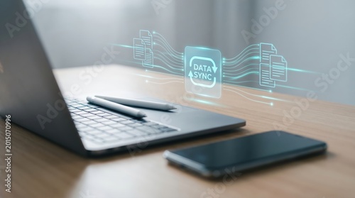 Cloud Data Synchronization Concept: Modern Workspace with Laptop, Smartphone, and Holographic File Transfer Interface in Cyan Light
