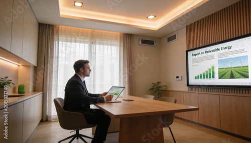Man in a business suit sits at a wooden desk. He concentrates on his laptop, gazing at a large screen. The screen displays 