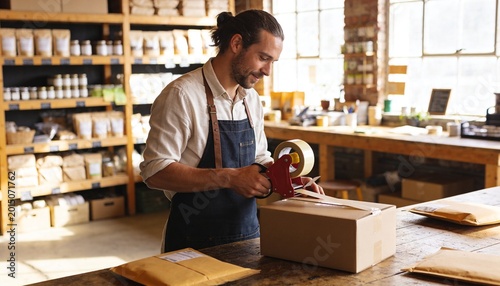 Man in a white shirt and blue apron packs a cardboard box. He holds a red tape dispenser, focused on his task. Shelves filled with supplies line the background