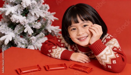 Young child smiles warmly against a bright red background. She rests her head on a table with three red candies. An artificial Christmas tree with white snow decorations stands beside her