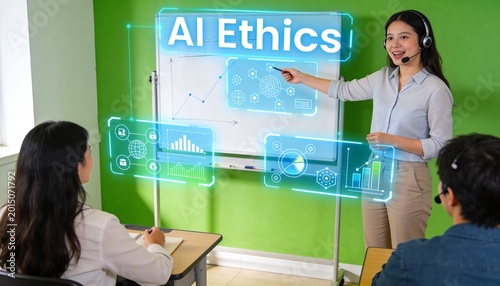 Green classroom features holographic 'AI Ethics' display. Woman points with headset, smiling confidently. Students sit facing display, focused intently. Hologram shows charts and gears