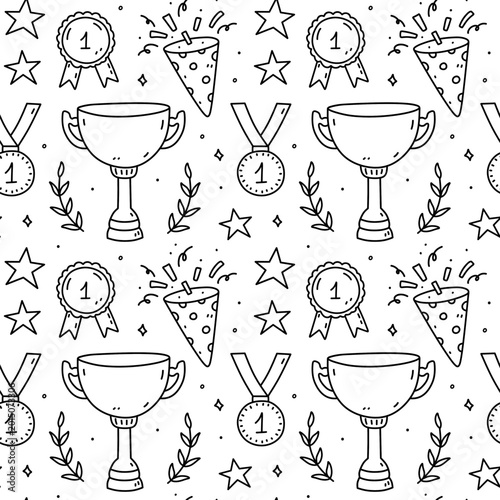Seamless pattern with with a winner cup, a reward, a medal, fireworks and stars. Vector hand-drawn doodle illustration. Perfect for celebration design, sports theme, and decoration.