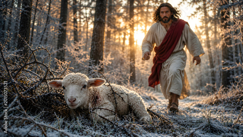 Jesus approaching a wounded lamb in a frosted winter forest