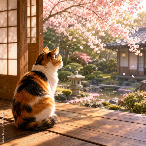Calico Cat Sitting on Japanese Engawa Porch Watching Cherry Blossom Garden in Spring
