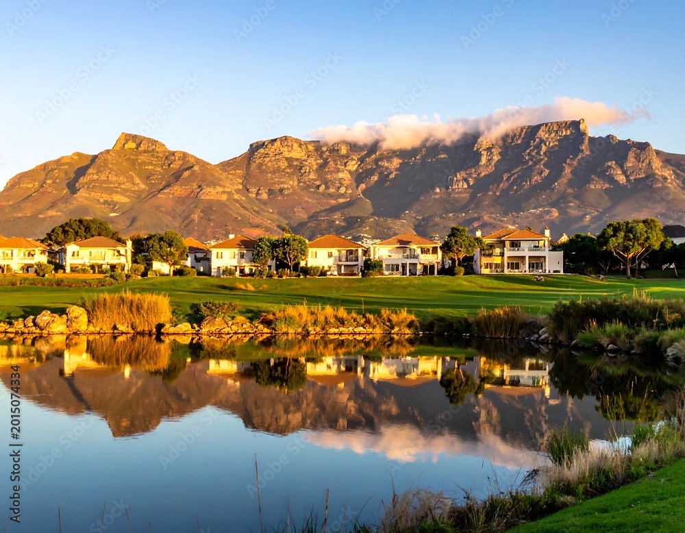 Obraz premium A serene landscape with a pond, houses, and a majestic mountain range