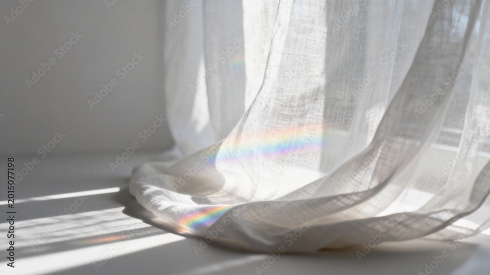 Fototapeta premium Sheer curtain with sunlight and rainbow
