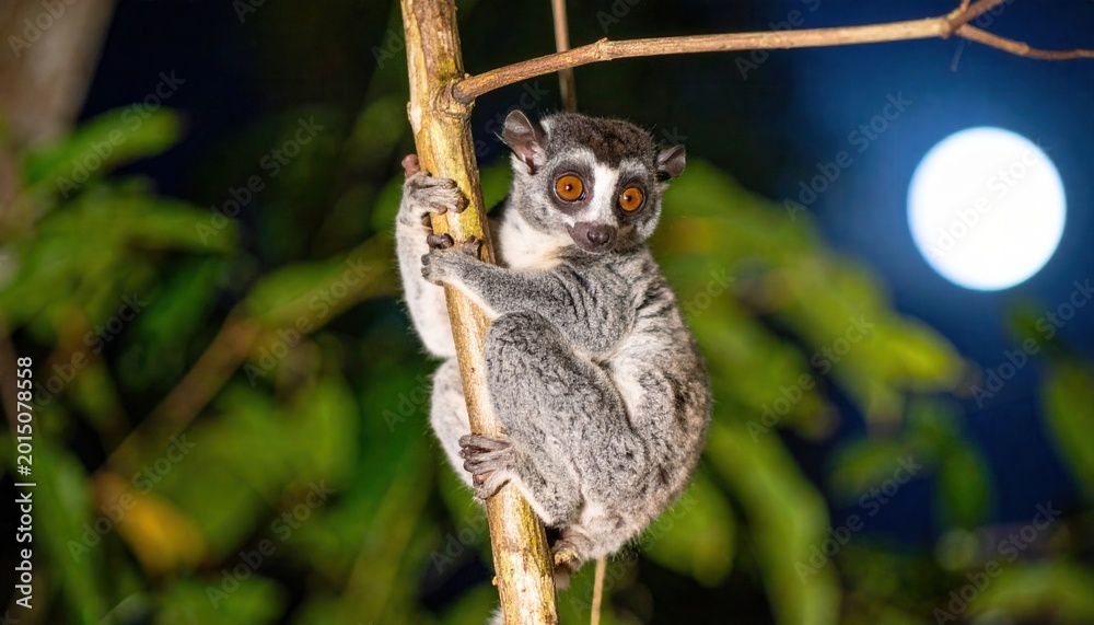 Fototapeta premium Slow loris clinging to a thin tree branch at night with large round nocturnal eyes visible in a cinematic horizontal composition, showcasing exotic wildlife in its natural jungle environment.