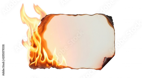 Rectangular piece of white paper burning on the left side with bright orange and yellow flames isolated on a solid black background
