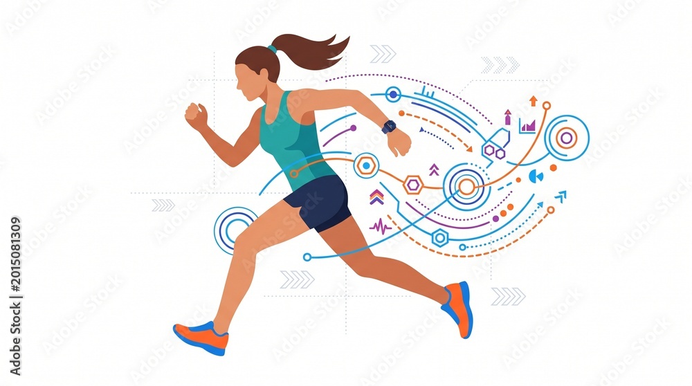 Fototapeta premium Woman running with smartwatch and colorful digital data trails flat vector illustration representing fitness tracking and performance analytics