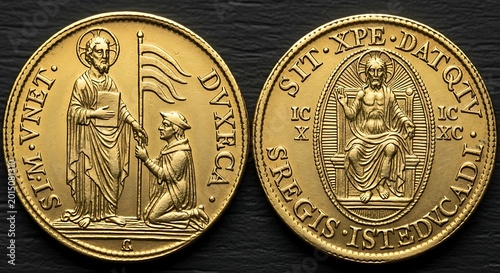 Gold coins with religious figures and symbols.