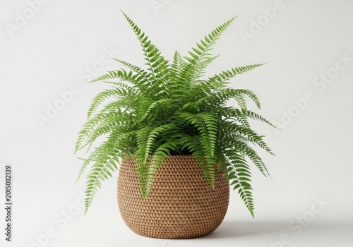 Lush Green Fern Houseplant in a Woven Wicker Basket Pot Isolated on Wh
