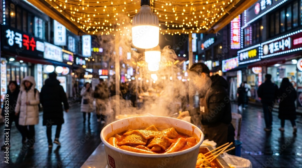 Fototapeta premium Spicy Korean street food Tteokbokki at night market with blurred city lights.