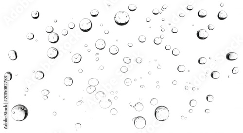 Scattered transparent water droplets and bubbles of varying sizes floating against a solid pitch black background, macro style