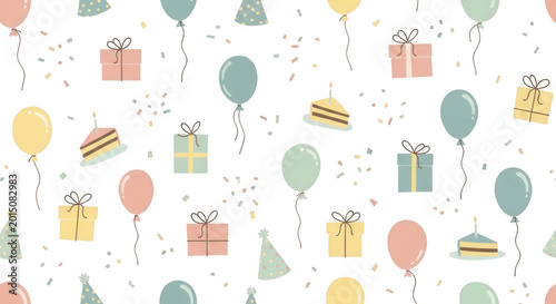 Seamless pattern of birthday including balloons, gift boxes, party hats, and cake slices on a black background