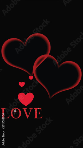 Red Hearts and the Word LOVE with Sparkle on Black