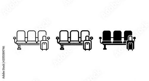 Airport Waiting Area Seating Icons, Public Bench & Luggage Vector Set, Modern Travel Terminal Furniture Collection
