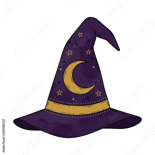 Purple wizard hat with moon and star design, isolated on transparent background, PNG cut out.