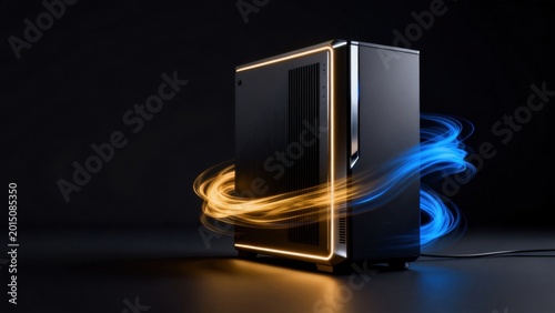 Black computer tower with glowing lights