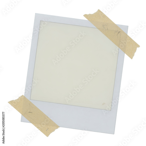 Blank photo frame with adhesive tape isolated on transparent background, PNG cutout.