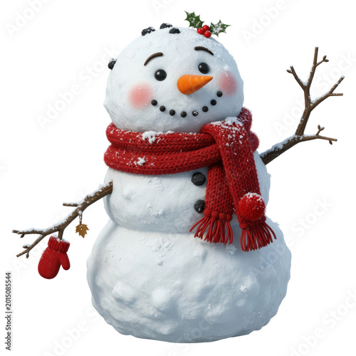 Snowman with red scarf and twig arms, isolated on transparent background, PNG cut out.