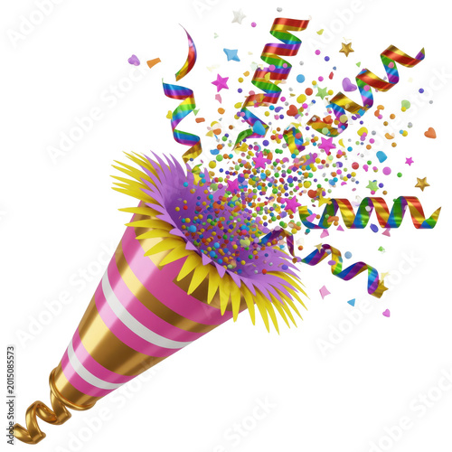 Party horn with colorful confetti and streamers isolated on transparent background, PNG cutout.