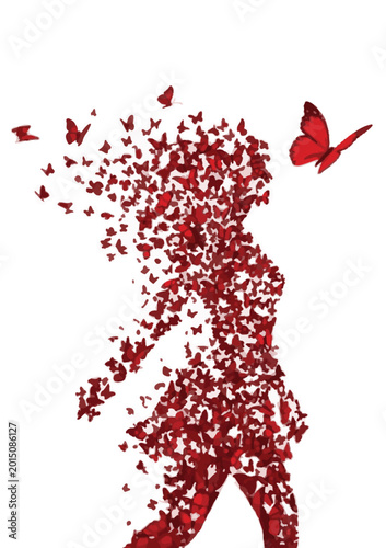 Woman Silhouette Dissolving Into Red Butterflies female