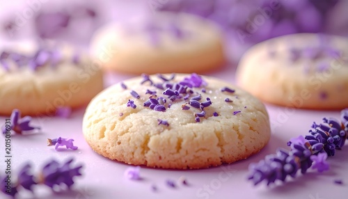 Lavender sugar cookies resting on a pastel purple background