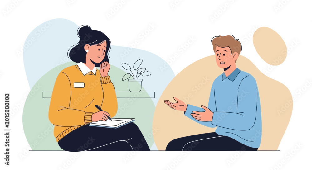 Fototapeta premium Psychologist talking to patient, mental health therapy session, support and understanding