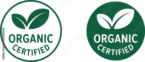 Bild auf Leinwand Organic certified badge icons with green leaf symbols for eco-friendly food pack