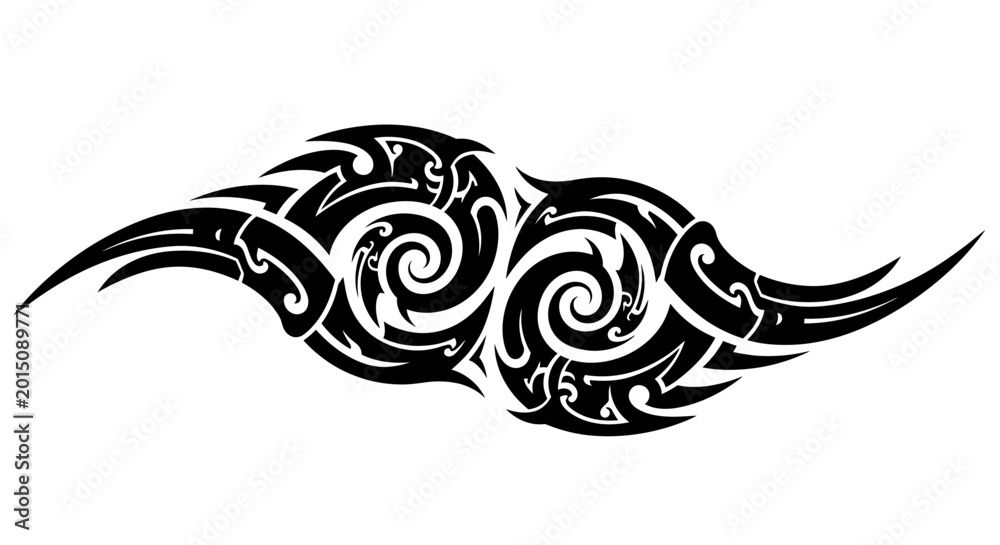 Fototapeta premium Swirls form an abstract tribal design composed of interconnecting loops and sharp, flowing black curves on a white field.