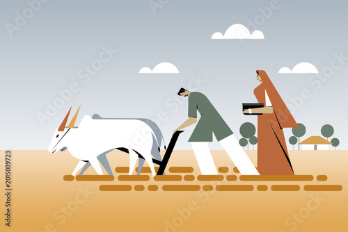 Illustration of an Indian farmer ploughing a field with oxen while a woman carries seeds, depicting traditional agriculture and rural life