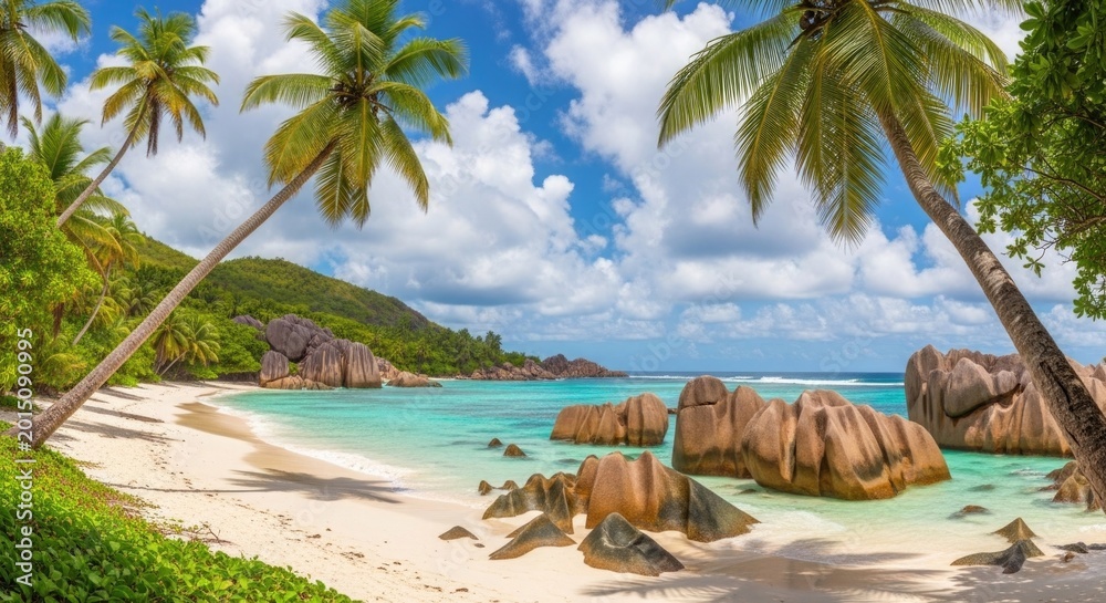 Fototapeta premium Tropical summer beach scene seychelles coastline with palm trees and granite boulders