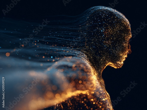 Abstract Human Profile Made of Glowing Particles with Flowing Motion Trails
