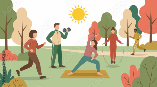 Foto Diverse people engaging in various outdoor sports and fitness activities in a pa
