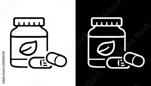 Billede på lærred Vitamin Supplements: Iconic outline of a supplement bottle and capsules, representing wellness and health, set against a two-tone backdrop