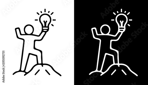 Fotografía Idea Summit: A minimalist illustration captures the essence of innovation, depicting a person atop a peak, holding a glowing lightbulb aloft, symbolizing a moment of brilliant insight