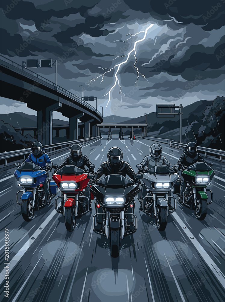 Obraz premium Vector image of bikers looking back on the highway