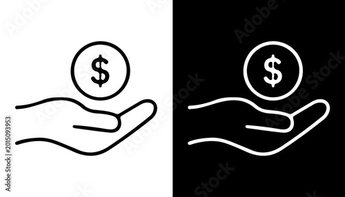 Slika na platnu Financial Aid Icon: Simple, minimalistic illustration of a hand presenting a dollar coin, conveying concepts of financial assistance and investment