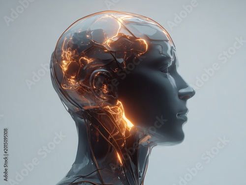 Futuristic Human Head with Glowing Neural Connections and Digital Mind Concept