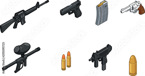 Tableau sur toile Isometric vector collection of firearms including assault rifle handgun revolver
