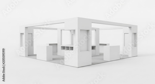 3D rendered image of a minimalist white exhibition stand or trade show booth with a clean, modern design and open layout.