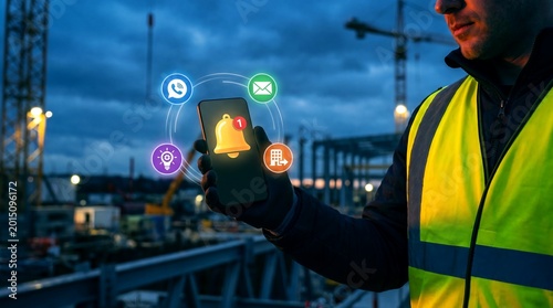 Smart construction site management, engineer holding smartphone with digital notification icons, industrial worker using mobile technology at night