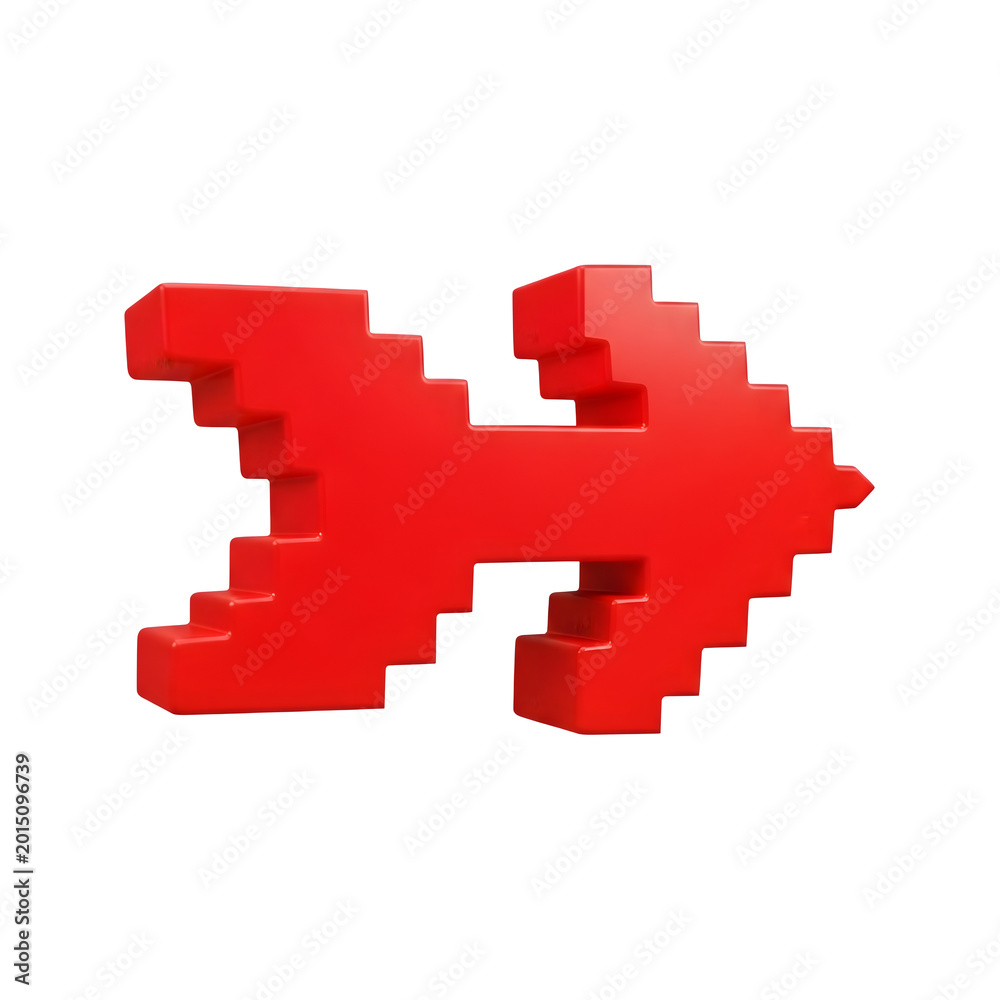 Fototapeta premium Red 3D pixelated arrow pointing right on a solid black background