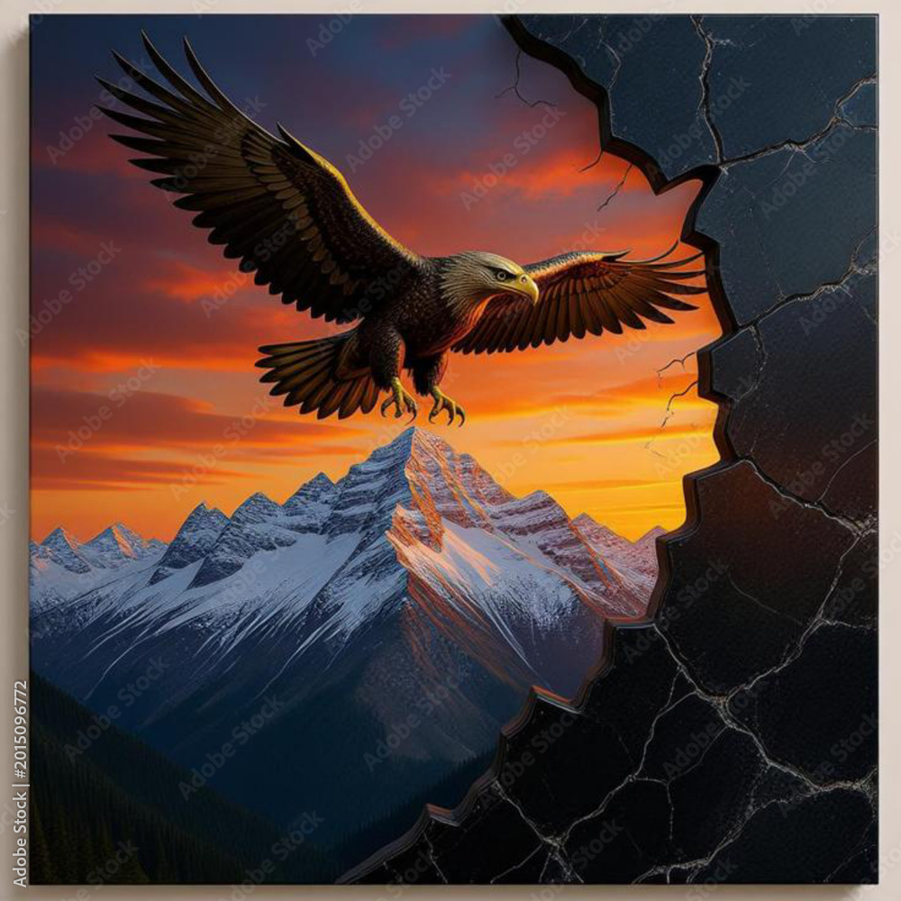 Obraz premium Eagle in flight over a snowy mountain 
