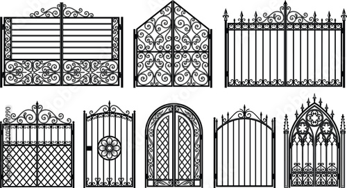 Fotografie Black wrought iron gate silhouettes set with ornate vintage patterns and gothic