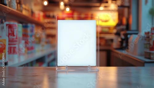 Transparent acrylic sign holder with blank white insert on a marble countertop in a warmly lit convenience store or cafe, creating an inviting and cozy atmosphere