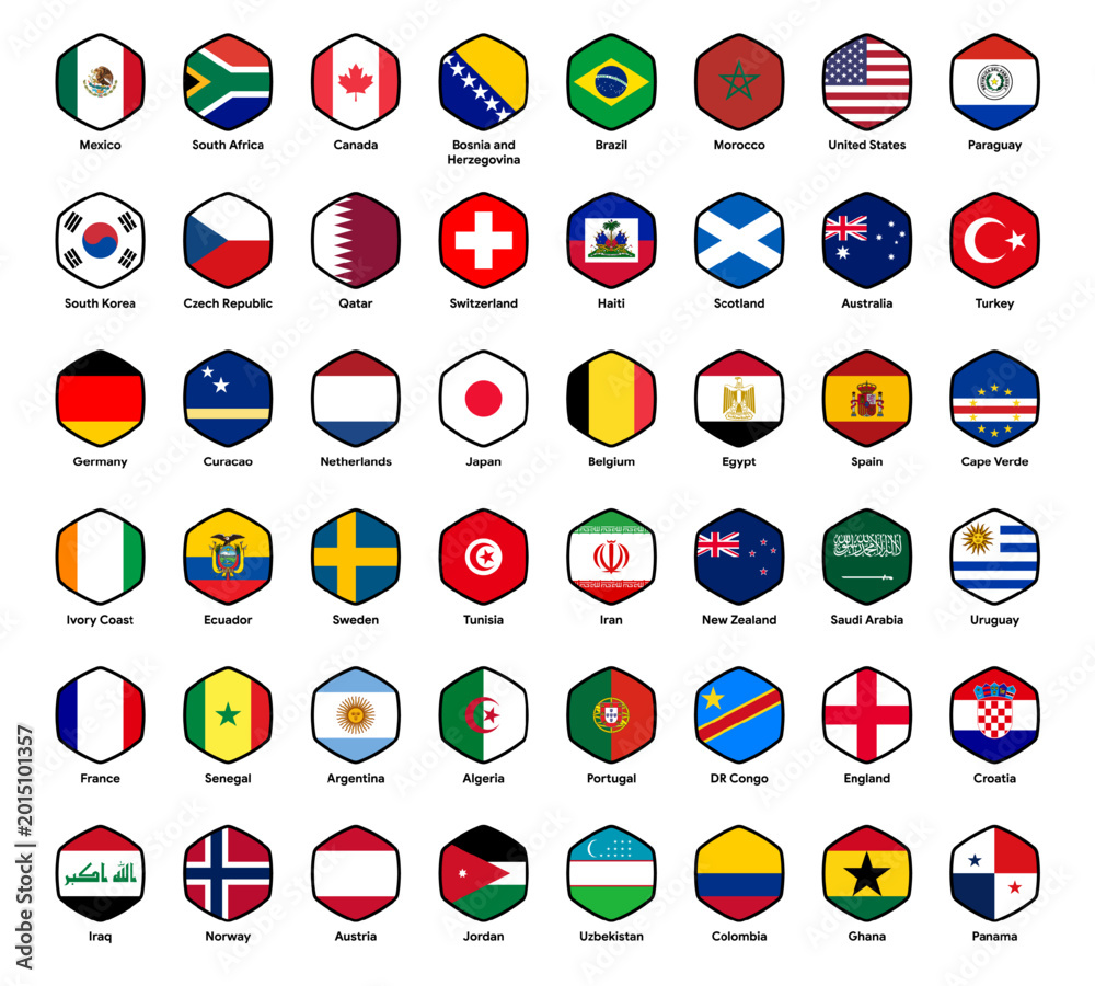 Fototapeta premium National flags participating teams ready-to-use for 2026 world football soccer final tournament event and media with rounded hexagon